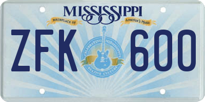 MS license plate ZFK600