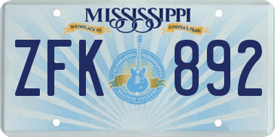 MS license plate ZFK892
