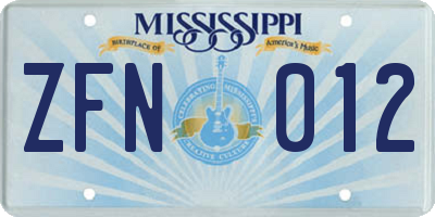 MS license plate ZFN012