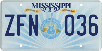 MS license plate ZFN036