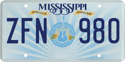 MS license plate ZFN980