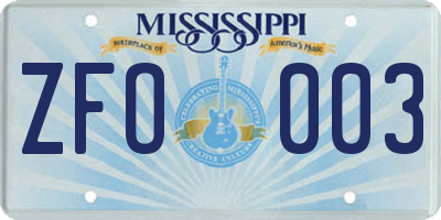 MS license plate ZFO003