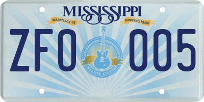 MS license plate ZFO005