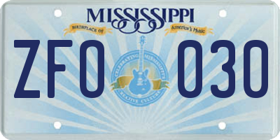 MS license plate ZFO030