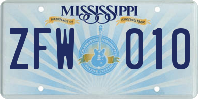 MS license plate ZFW010