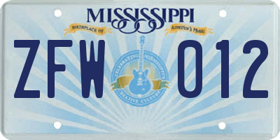 MS license plate ZFW012