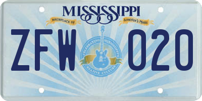 MS license plate ZFW020