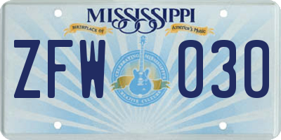 MS license plate ZFW030