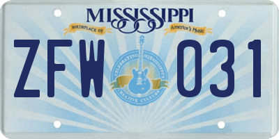 MS license plate ZFW031