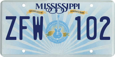 MS license plate ZFW102