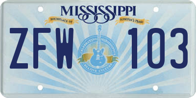MS license plate ZFW103