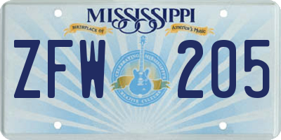 MS license plate ZFW205