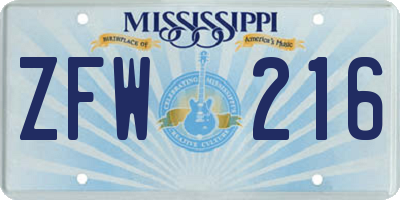 MS license plate ZFW216