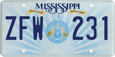 MS license plate ZFW231