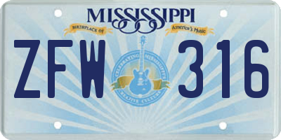 MS license plate ZFW316