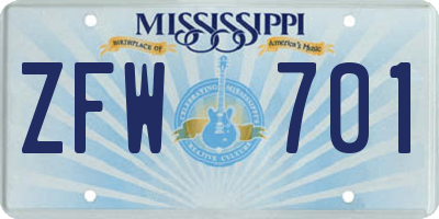 MS license plate ZFW701
