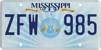 MS license plate ZFW985