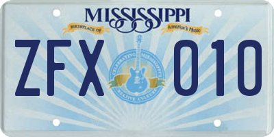 MS license plate ZFX010