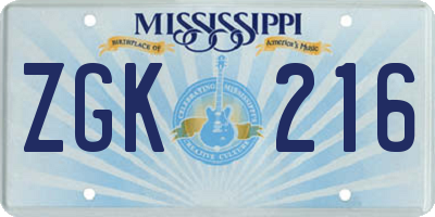 MS license plate ZGK216