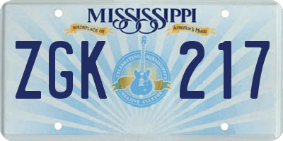 MS license plate ZGK217
