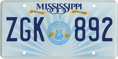 MS license plate ZGK892