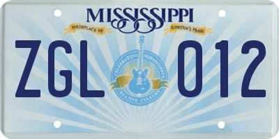 MS license plate ZGL012