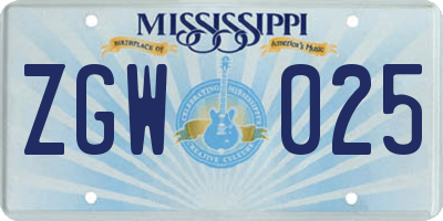 MS license plate ZGW025