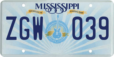 MS license plate ZGW039