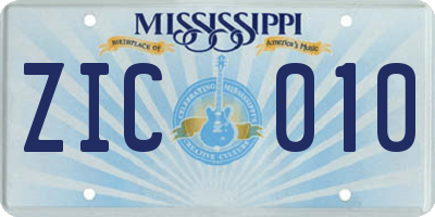 MS license plate ZIC010