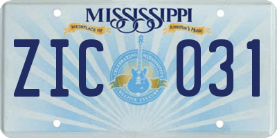 MS license plate ZIC031