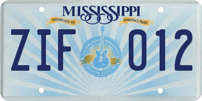 MS license plate ZIF012