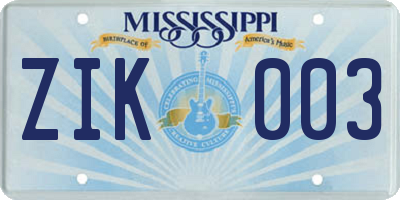 MS license plate ZIK003