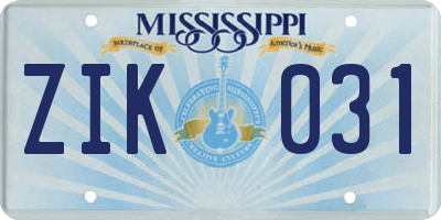 MS license plate ZIK031
