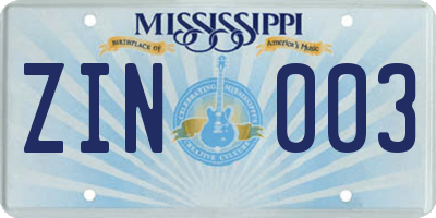 MS license plate ZIN003