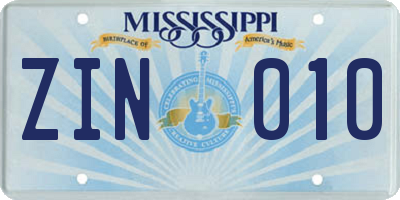 MS license plate ZIN010