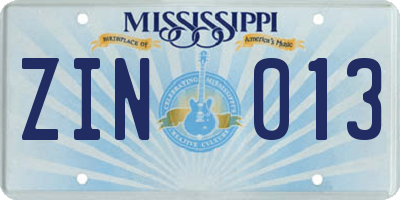 MS license plate ZIN013