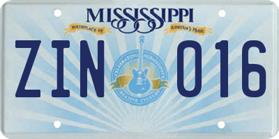 MS license plate ZIN016