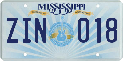 MS license plate ZIN018