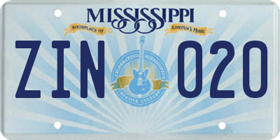 MS license plate ZIN020