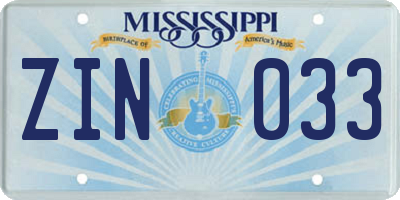 MS license plate ZIN033