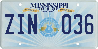 MS license plate ZIN036