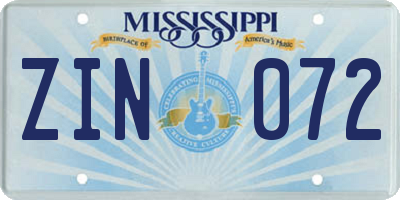 MS license plate ZIN072
