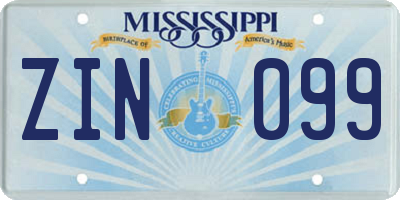 MS license plate ZIN099