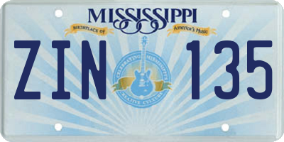 MS license plate ZIN135