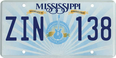 MS license plate ZIN138