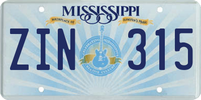 MS license plate ZIN315