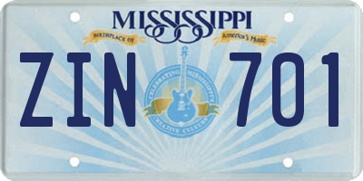 MS license plate ZIN701