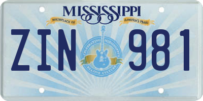 MS license plate ZIN981