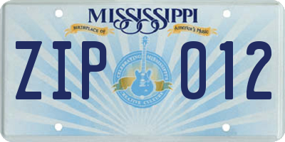 MS license plate ZIP012