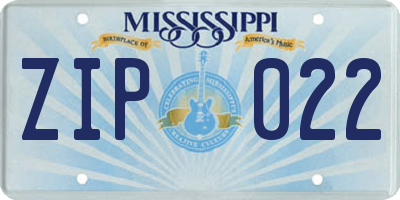 MS license plate ZIP022